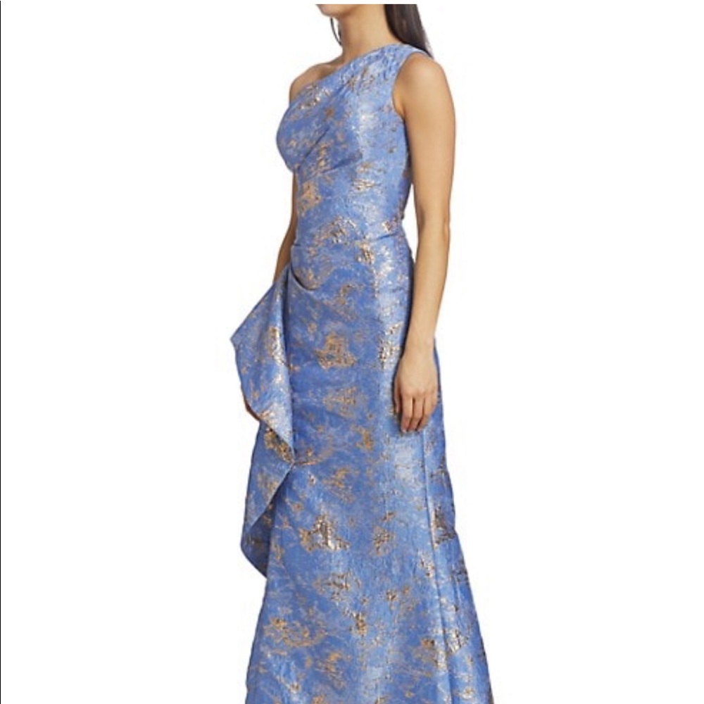 Teri Jon Jacquard One Shoulder Side-Ruffle Gown Size 2